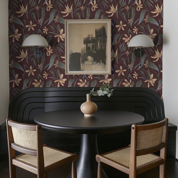 Tapet Flori crem cu frunze gri pe fond burgund, Tapet flori, a00833 : Uwalls.ro