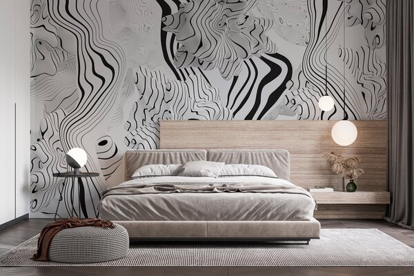 Tapet forme organice abstracte în stil 3D în tonuri de alb și gri cu dungi negre, Fototapet Abstract, w04627 : Uwalls.ro