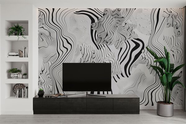 Tapet forme organice abstracte în stil 3D în tonuri de alb și gri cu dungi negre, Fototapet Abstract, w04627 : Uwalls.ro