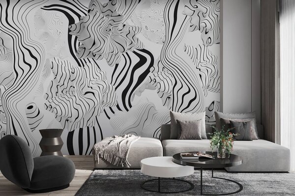 Tapet forme organice abstracte în stil 3D în tonuri de alb și gri cu dungi negre, Fototapet Abstract, w04627 : Uwalls.ro