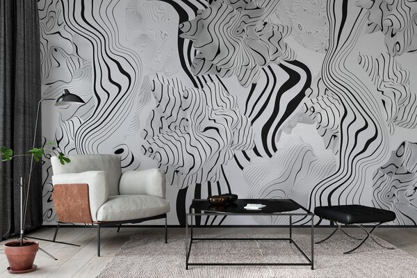 Tapet forme organice abstracte în stil 3D în tonuri de alb și gri cu dungi negre, Fototapet Abstract, w04627 : Uwalls.ro