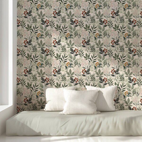 Tapet Frunze cu fructe de pădure, fundal deschis, Tapet flori, a00713 : Uwalls.ro