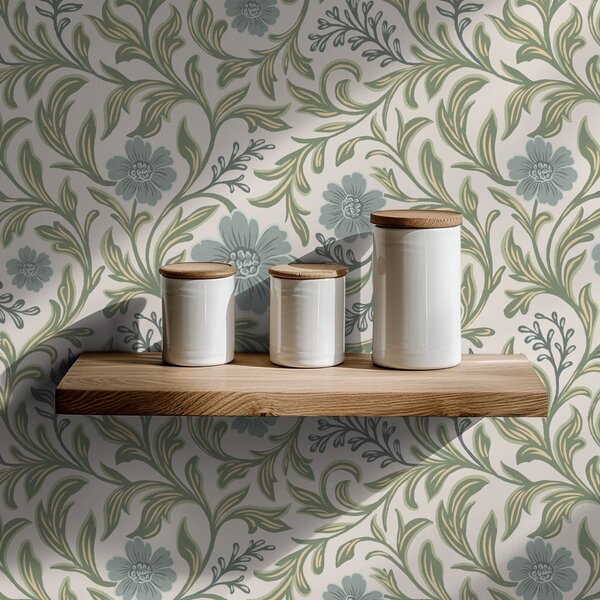 Tapet Ornament floral gri-salvie pe fond deschis, Tapet flori, a00712 : Uwalls.ro