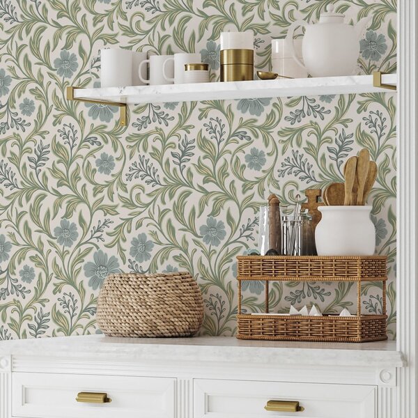 Tapet Ornament floral gri-salvie pe fond deschis, Tapet flori, a00712 : Uwalls.ro