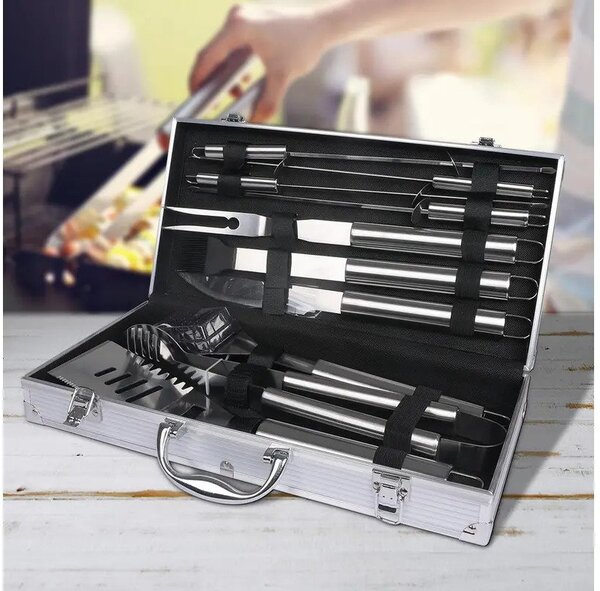 Set ustensile pentru gratar onuvio® 11 piese inox, geanta de transport si termometru digital