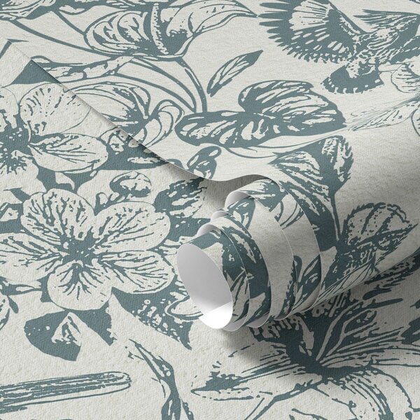 Tapet Ornament floral monocrom cu păsări, Tapet flori, a00737 : Uwalls.ro