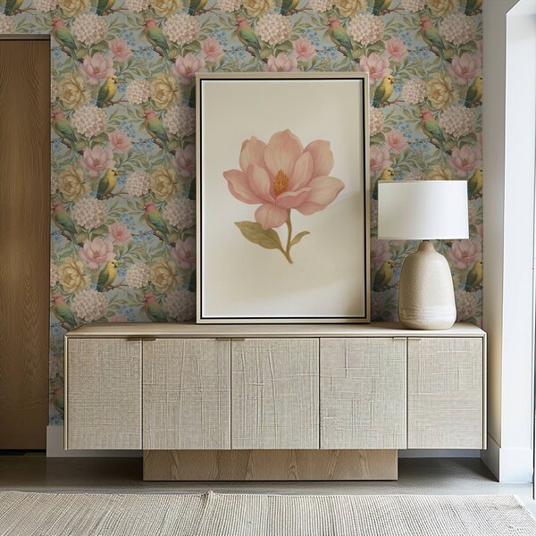 Tapet Papagali printre bujori, hortensii și magnolii, Tapet flori, a00747 : Uwalls.ro