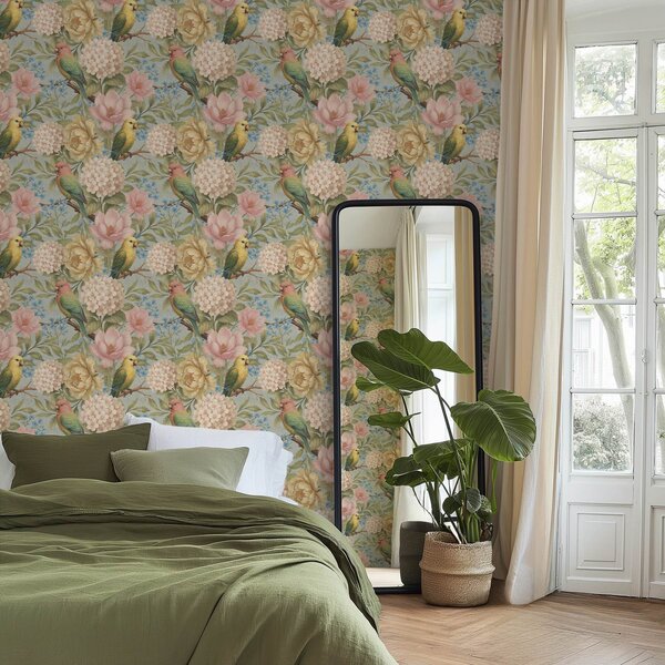 Tapet Papagali printre bujori, hortensii și magnolii, Tapet flori, a00747 : Uwalls.ro