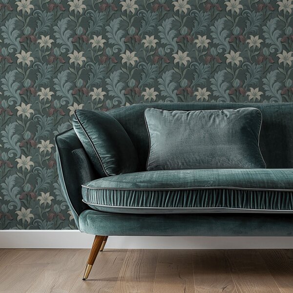 Tapet Fundal verde închis cu iriși și frunze decorative, Tapet flori, a00755 : Uwalls.ro