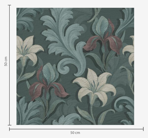 Tapet Fundal verde închis cu iriși și frunze decorative, Tapet flori, a00755 : Uwalls.ro