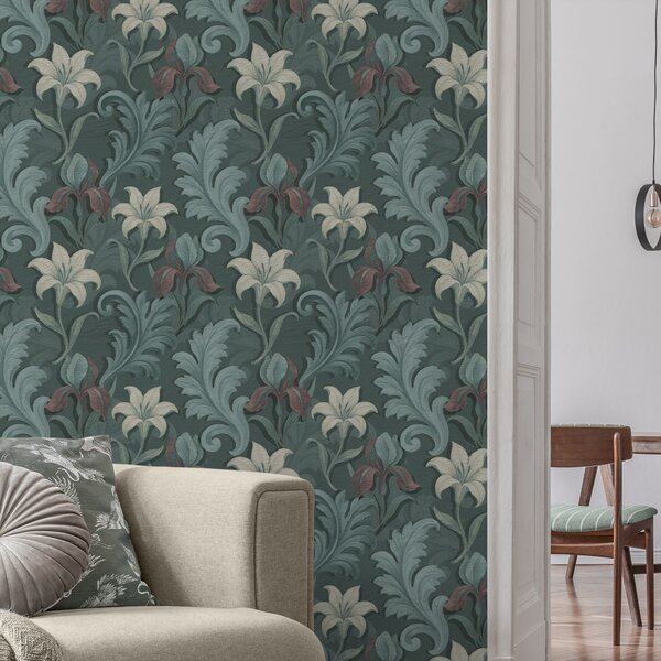 Tapet Fundal verde închis cu iriși și frunze decorative, Tapet flori, a00755 : Uwalls.ro