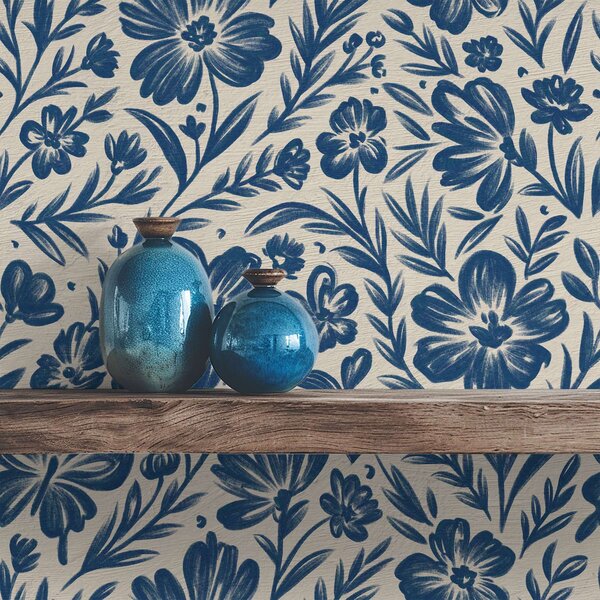 Tapet Ornament floral albastru cu fluturi, Tapet flori, a00758 : Uwalls.ro