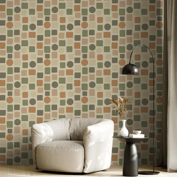 Tapet Model geometric din pătrate și cercuri în tonuri calde, Tapet abstract, a00759 : Uwalls.ro