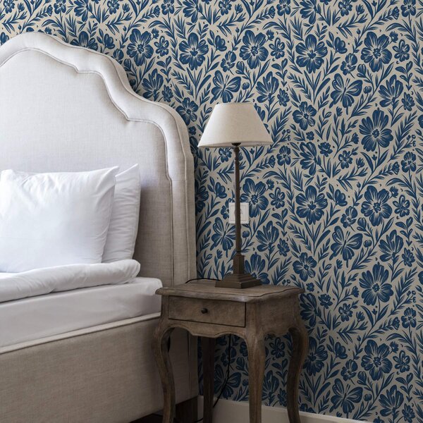 Tapet Ornament floral albastru cu fluturi, Tapet flori, a00758 : Uwalls.ro