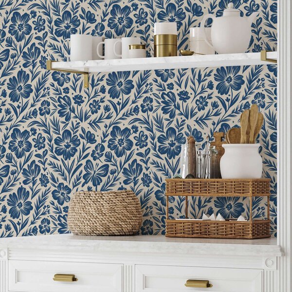 Tapet Ornament floral albastru cu fluturi, Tapet flori, a00758 : Uwalls.ro