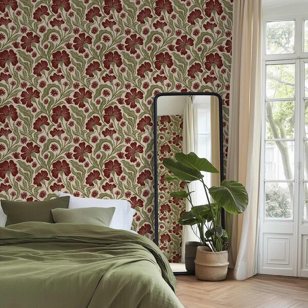 Tapet Flori burgund cu frunze verzi pe fundal deschis, Tapet flori, a00761 : Uwalls.ro