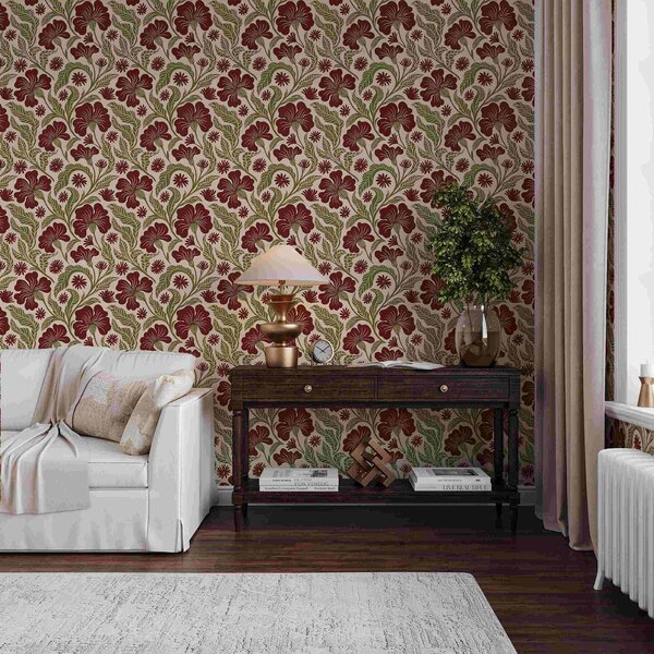 Tapet Flori burgund cu frunze verzi pe fundal deschis, Tapet flori, a00761 : Uwalls.ro