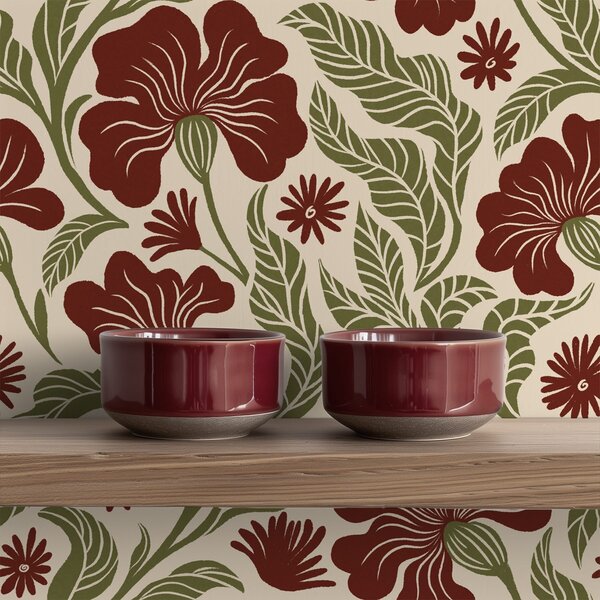 Tapet Flori burgund cu frunze verzi pe fundal deschis, Tapet flori, a00761 : Uwalls.ro