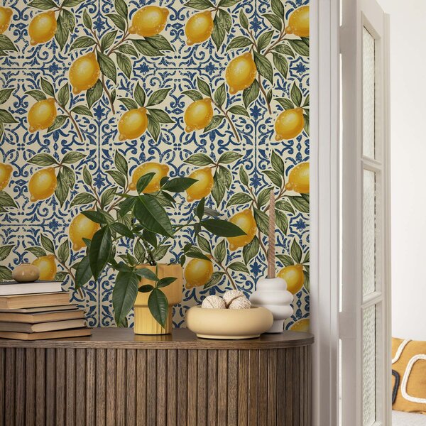 Tapet Ramuri de lămâie cu fundal ornamental albastru, Tapet Mâncare și băuturi, a00763 : Uwalls.ro