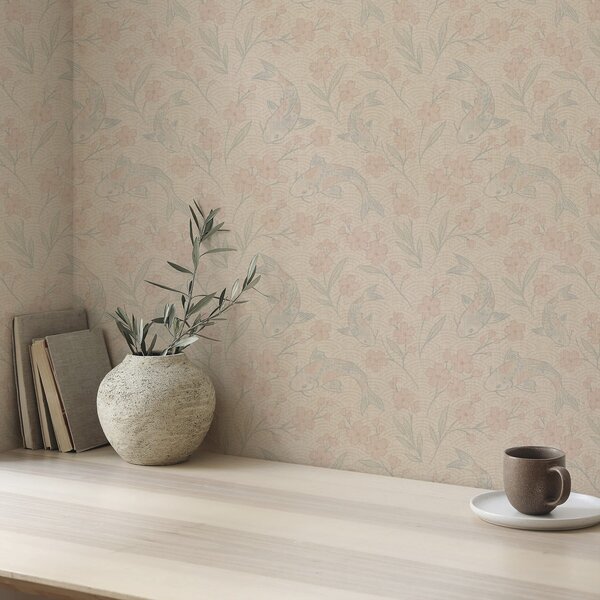 Tapet Crapii printre flori în nuanțe delicate de bej-roz, Tapet flori, a00766 : Uwalls.ro