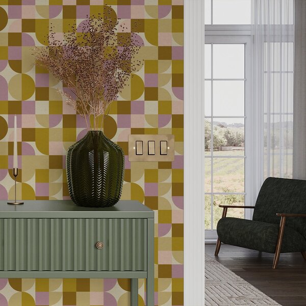 Tapet Geometrie modulară în nuanțe de roz și muștar, Tapet abstract, a00770v1 : Uwalls.ro