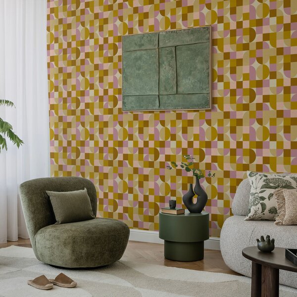 Tapet Geometrie modulară în nuanțe de roz și muștar, Tapet abstract, a00770v1 : Uwalls.ro