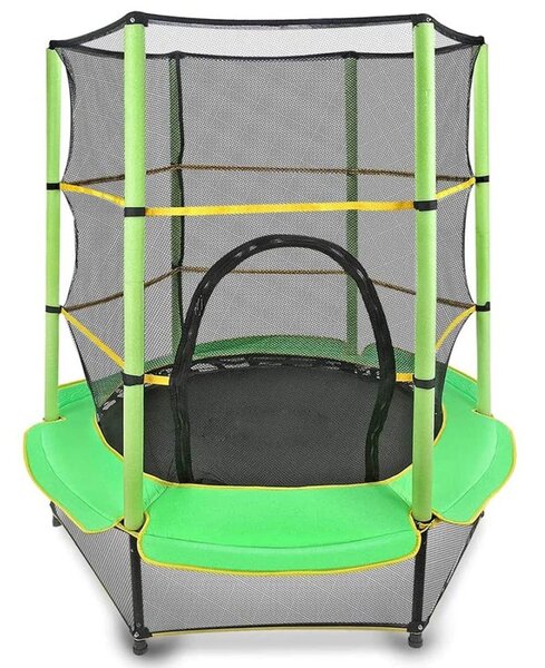 Trambulina copii, diametru 140 cm, maxim 45 kg, cu plasa de protectie, scara acces, verde