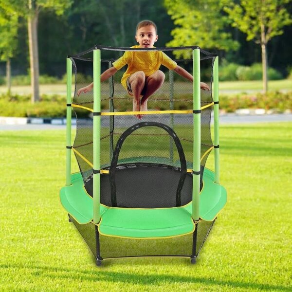Trambulina copii, diametru 140 cm, maxim 45 kg, cu plasa de protectie, scara acces, verde