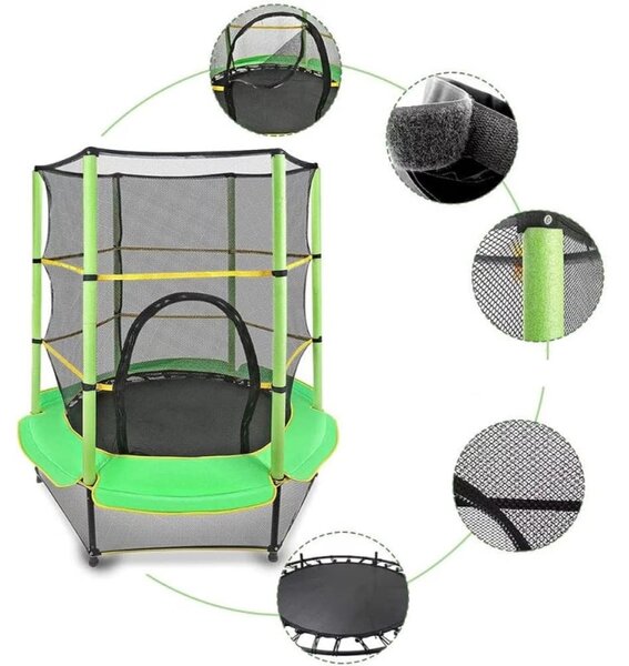 Trambulina copii, diametru 140 cm, maxim 45 kg, cu plasa de protectie, scara acces, verde