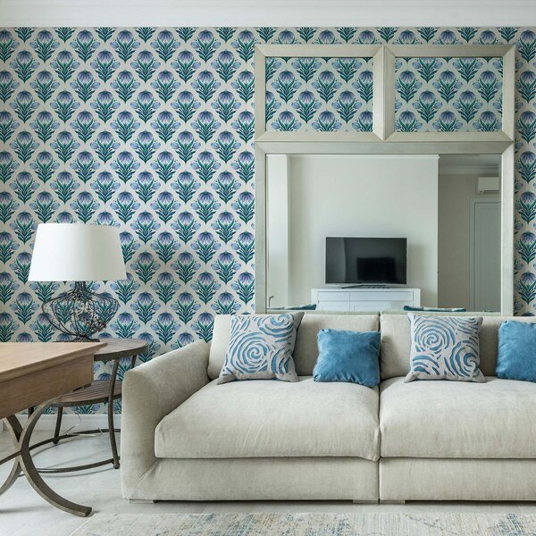 Tapet Ornament floral simetric în nuanțe albastru-alb, Tapet flori, a00812v2 : Uwalls.ro
