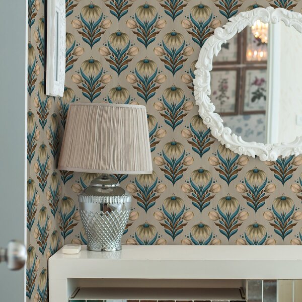 Tapet Ornament floral simetric în tonuri calde, Tapet flori, a00812 : Uwalls.ro