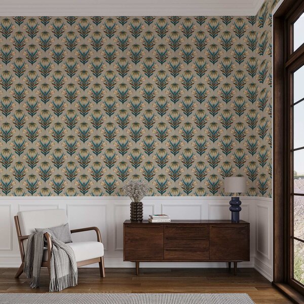 Tapet Ornament floral simetric în tonuri calde, Tapet flori, a00812 : Uwalls.ro