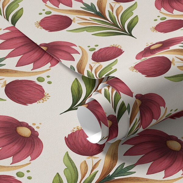 Tapet Ornament floral simetric în nuanțe intense de roșu și verde, Tapet flori, a00812v4 : Uwalls.ro