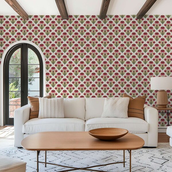 Tapet Ornament floral simetric în nuanțe intense de roșu și verde, Tapet flori, a00812v4 : Uwalls.ro