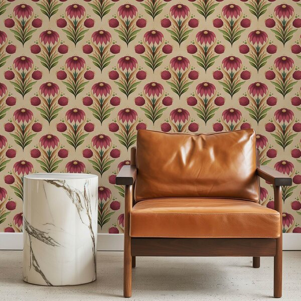 Tapet Ornament floral simetric pe fundal bej cald, Tapet flori, a00812v6 : Uwalls.ro