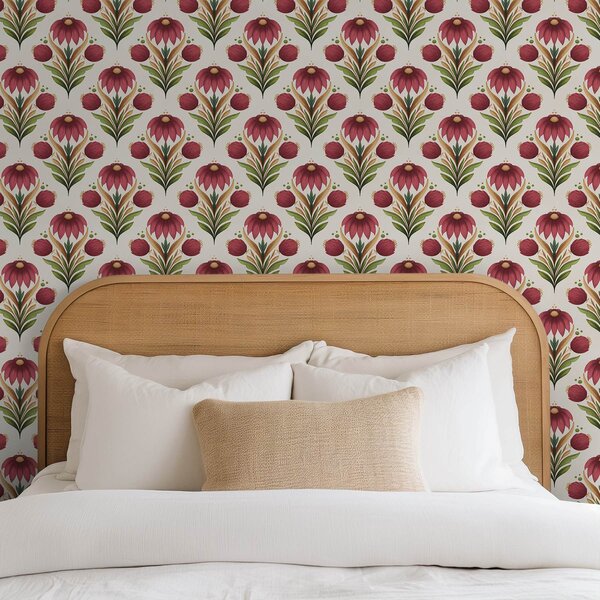 Tapet Ornament floral simetric în nuanțe intense de roșu și verde, Tapet flori, a00812v4 : Uwalls.ro