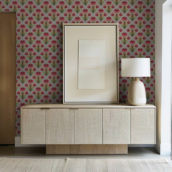 Tapet Ornament floral simetric pe fond gri cu diagonale, Tapet flori, a00869 : Uwalls.ro