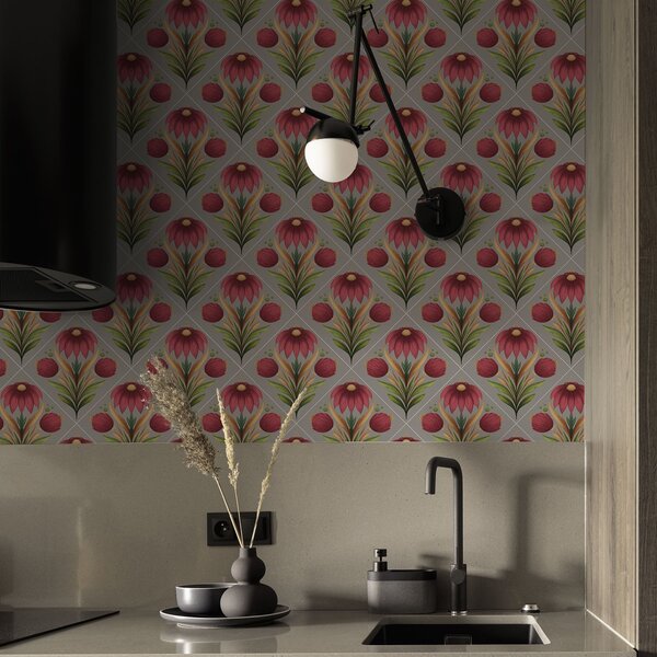 Tapet Ornament floral simetric pe fond gri cu diagonale, Tapet flori, a00869 : Uwalls.ro