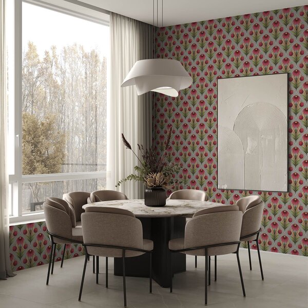Tapet Ornament floral simetric pe fond gri cu diagonale, Tapet flori, a00869 : Uwalls.ro