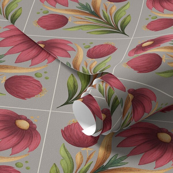 Tapet Ornament floral simetric pe fond gri cu diagonale, Tapet flori, a00869 : Uwalls.ro