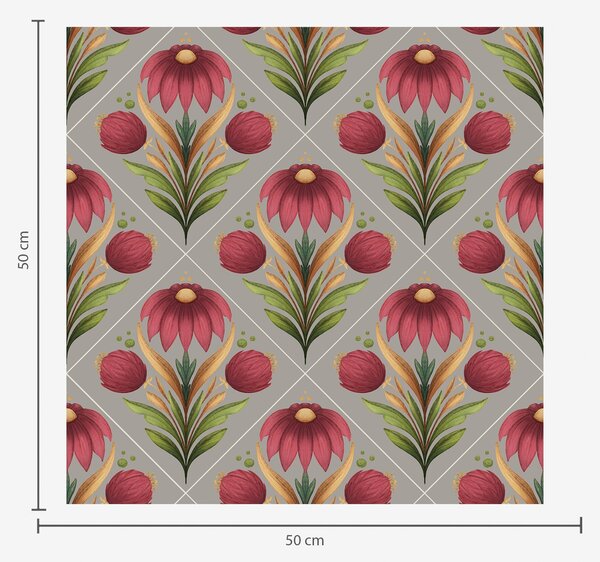 Tapet Ornament floral simetric pe fond gri cu diagonale, Tapet flori, a00869 : Uwalls.ro