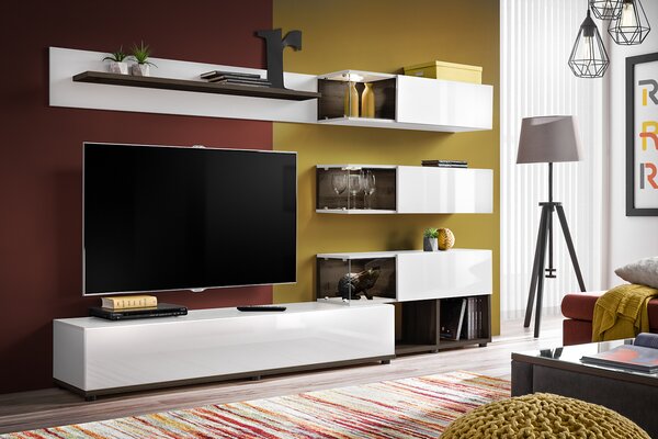 Mobilier living Seghill 28 PEW SK (Alb lucios + Stejar) (cu iluminat). 1024037