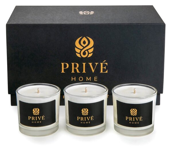Set de 3 lumânări parfumate albe Privé Home Tabac&Piel/Oud&Bergamot/Muscs Poudres