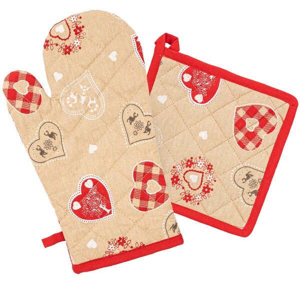 Set mănușă și suport de bucătărie Home Elements Inimi de Crăciun, 18 x 32 cm, 20 x 20 cm