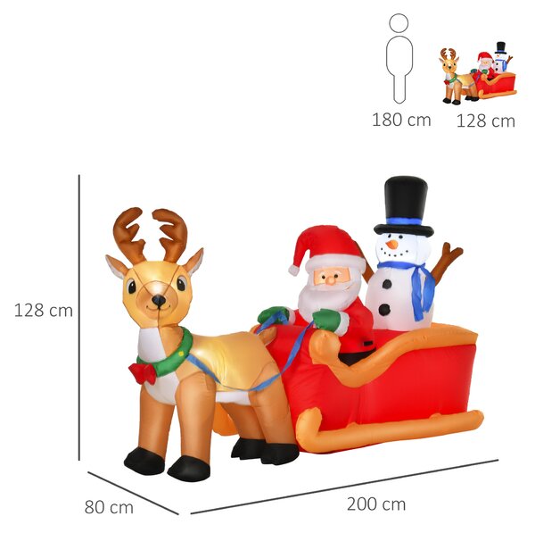 Mos Craciun Gonflabil cu Sanie cu Reni Om de Zapada, decoratiune cu Lumini LED, Decoratiune de Craciun 200x80x128cm HOMCOM | Aosom RO
