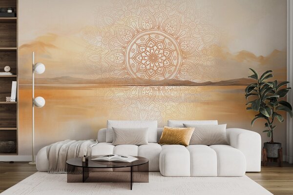 Tapet Design mandala simetric texturat care acoperă un peisaj cu mare, dealuri și cer, culori pastelate delicate, Fototapet Boho, w09491 : Uwalls.ro