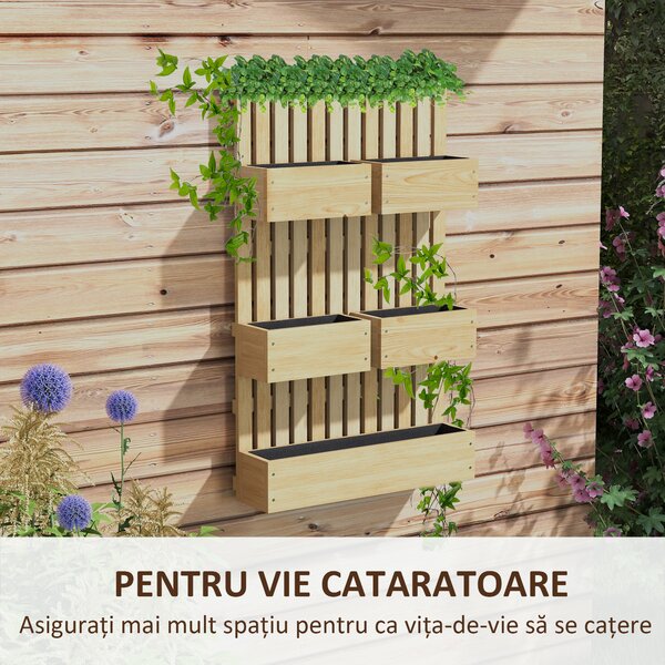 Outsunny Ghiveci inaltat de gradina cu grilaj pentru vita de vie, plante cataratoare, flori, Jardiniera din lemn cu montare pe perete