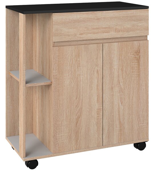 HOMCOM Dulapior de Bucătărie cu Sertare și Roți, Mobilier din Lemn, 78x39.5x88.5 cm, Stejar & Negru | Aosom Romania