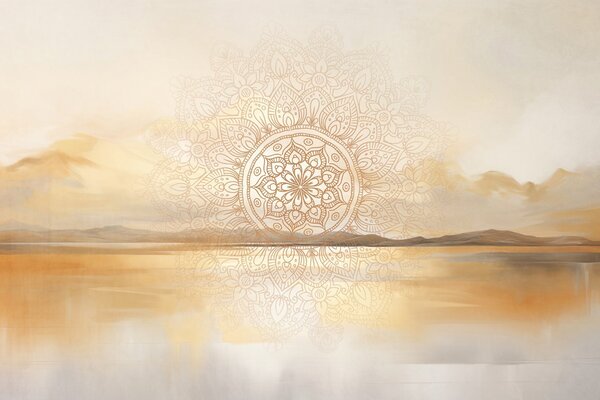 Tapet Design mandala simetric texturat care acoperă un peisaj cu mare, dealuri și cer, culori pastelate delicate, Fototapet Boho, w09491 : Uwalls.ro