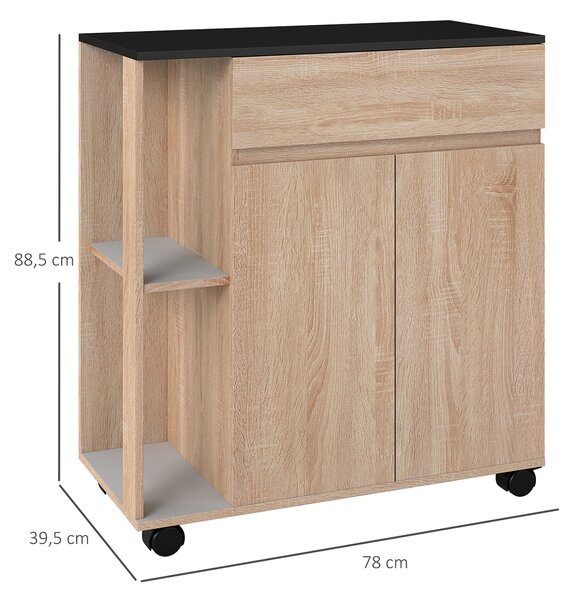 HOMCOM Dulapior de Bucătărie cu Sertare și Roți, Mobilier din Lemn, 78x39.5x88.5 cm, Stejar & Negru | Aosom Romania